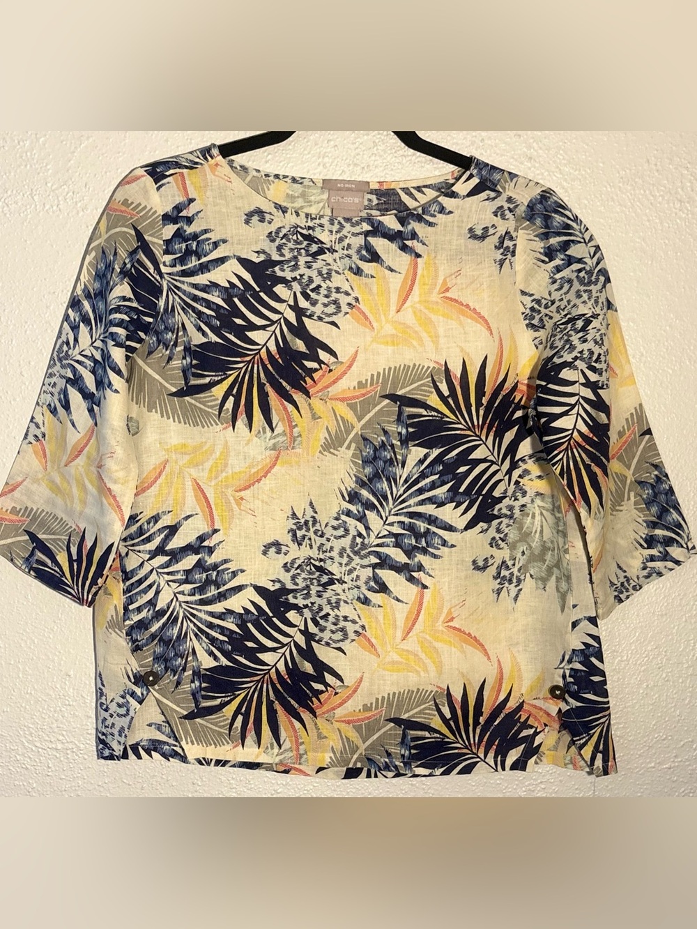 Chico's Women Blouse Yellow Linen Leopard Palm Leaf Tunic No Iron Size 2P